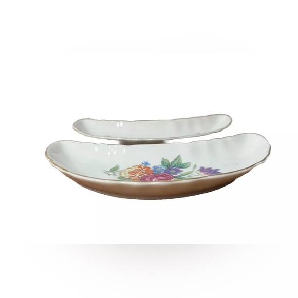 Vintage Bone Dish Crescent Moon Set 2 Chadwick Japan MCM Floral Rose Maple Gold - Picture 8 of 10